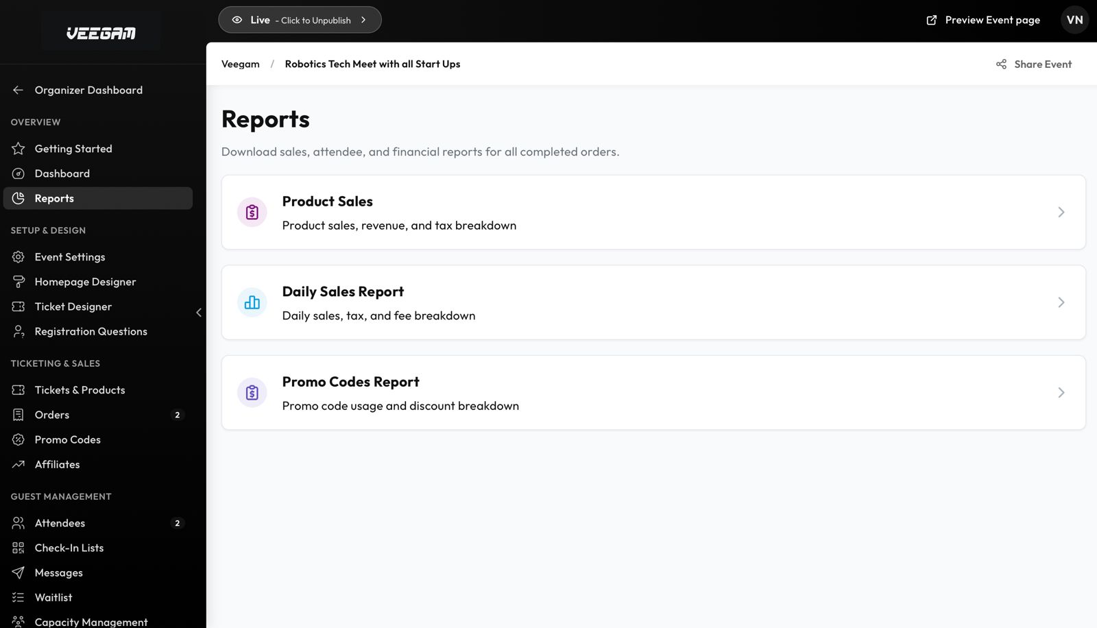Event Management Platform — Analytics and Reports